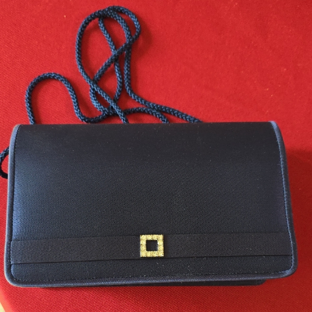 Evening Bag, Navy, Satin With Rhinestones